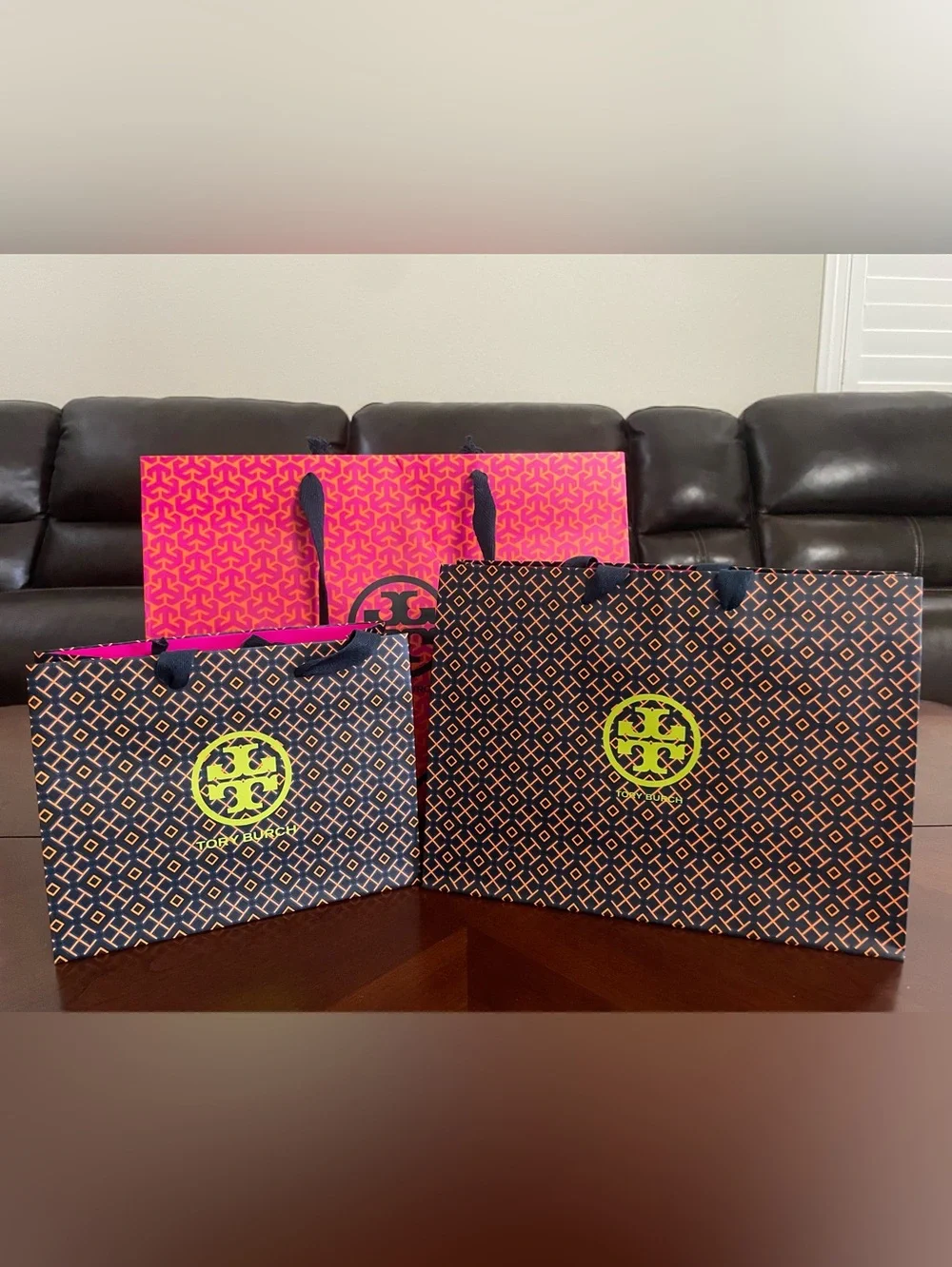 Tory Burch Black Tote with Pink Pattern and Neon Yellow Logo